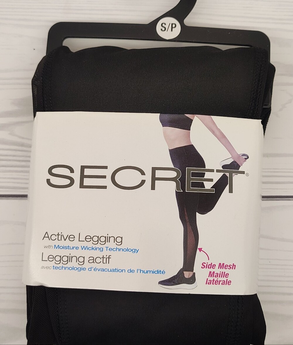 Small SECRET Active Legging - Black with Sheer Side Mesh Sz Small - Picture 2 of 3